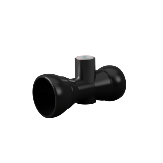 A black plastic T-shaped pipe fitting with a smooth matte finish, shown on a solid white background. Avast Labs Omni-Turi Printed