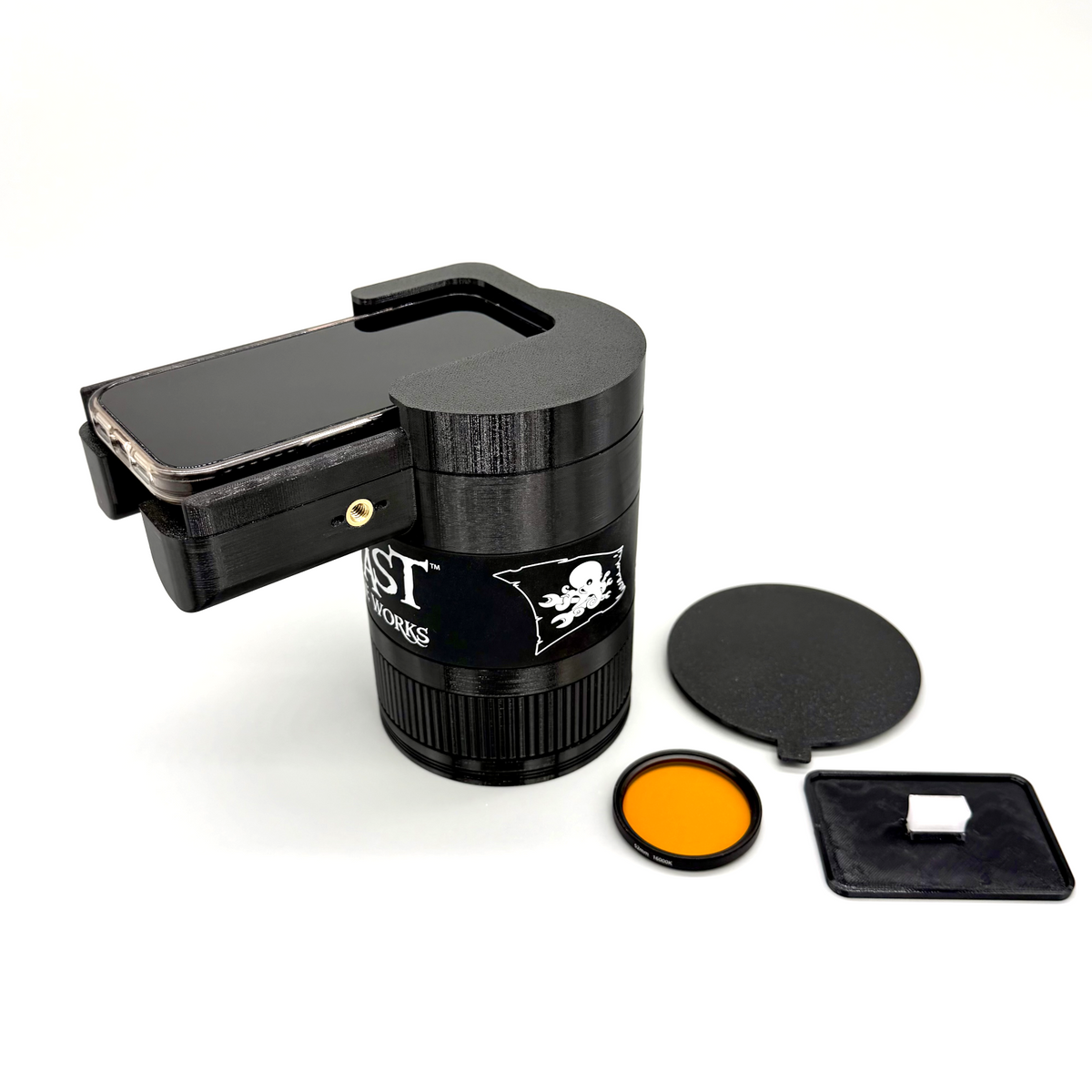Avast Marine Porthole Creator for Apple IOS and Android. 3D-printed underwater coral and fish photography gear. Black camera lens with accessories on a white background.