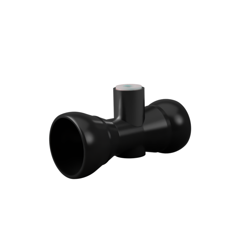 A black plastic T-shaped pipe fitting with a smooth matte finish, shown on a solid white background. Avast Labs Omni-Turi Printed
