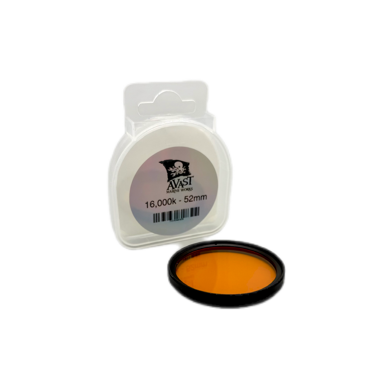 52mm 1Orange filter in front of clear plastic packaging with Avast branding on a white background. Used for the Porthole Creator.k 