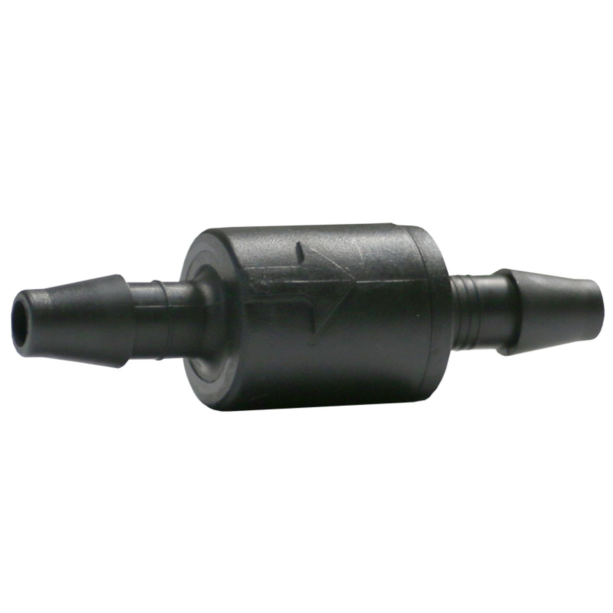 Black plastic check valve fitting on a white background for Mutiny 2.1