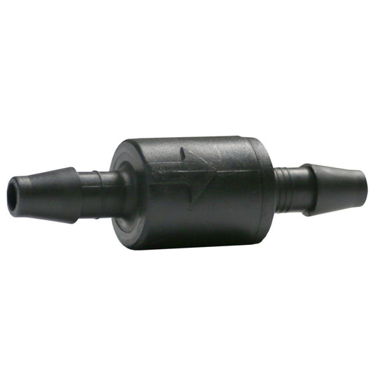 Black plastic check valve fitting on a white background for Mutiny 2.1