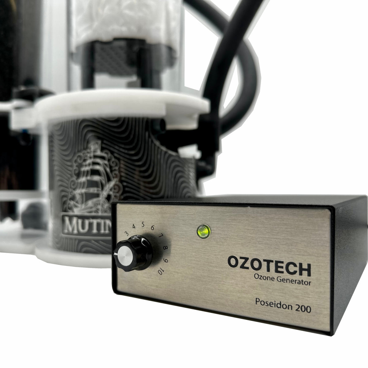 Ozotech ozone generator with a control knob on a white background and Avast Marine Mutiny 2.1_Ozotech ozone Generator Poseidon 200 Hero Image