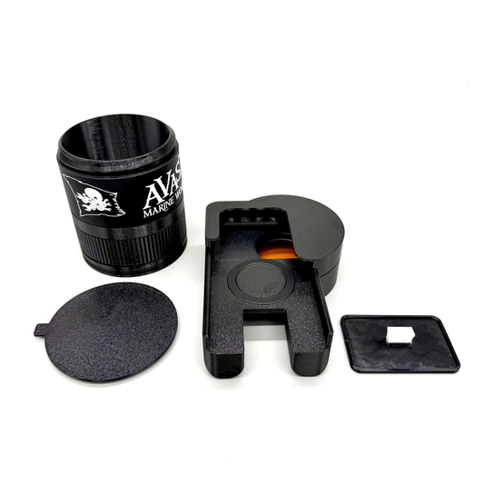 Avast Marine Porthole Creator for Apple IOS and Android. 3D-printed underwater coral and fish photography gear. Black camera lens with accessories on a white background. 