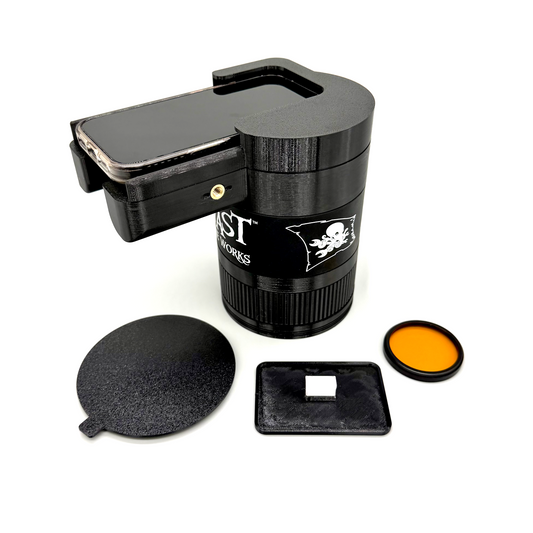 Avast Marine Porthole Creator for Apple IOS and Android. 3D-printed coral photography gear. Black camera lens with accessories on a white background