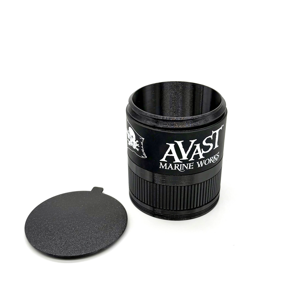 Black cylindrical container with 'AVAST Marine Works' branding on a white background. Avast Marine Porthole Mark II Lower Lens Assembly Hero Image 2