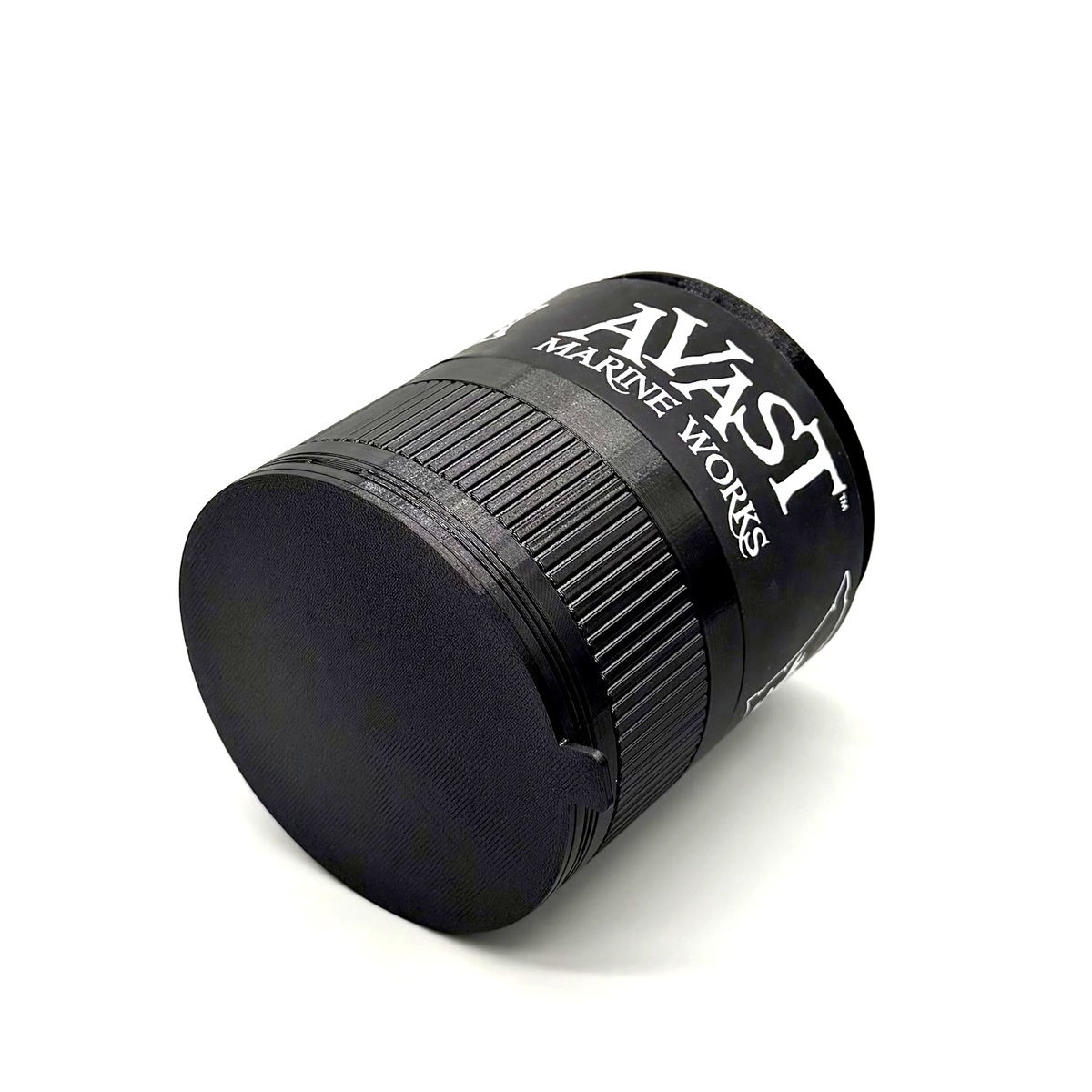 Black cylindrical container with 'Avast Marine Works' branding on a white background. Avast Marine Porthole Mark II Lower Lens Assembly Hero Image