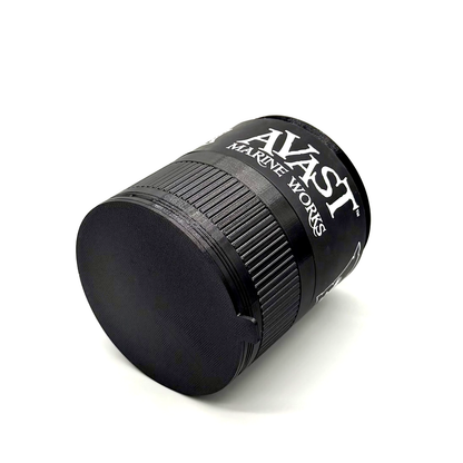 Black cylindrical container with 'Avast Marine Works' branding on a white background. Avast Marine Porthole Mark II Lower Lens Assembly Hero Image