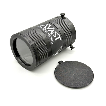 Avast Marine Porthole Studio for DSLR. 3D-printed underwater coral and fish photography gear. Black camera lens with accessories on a white background. 