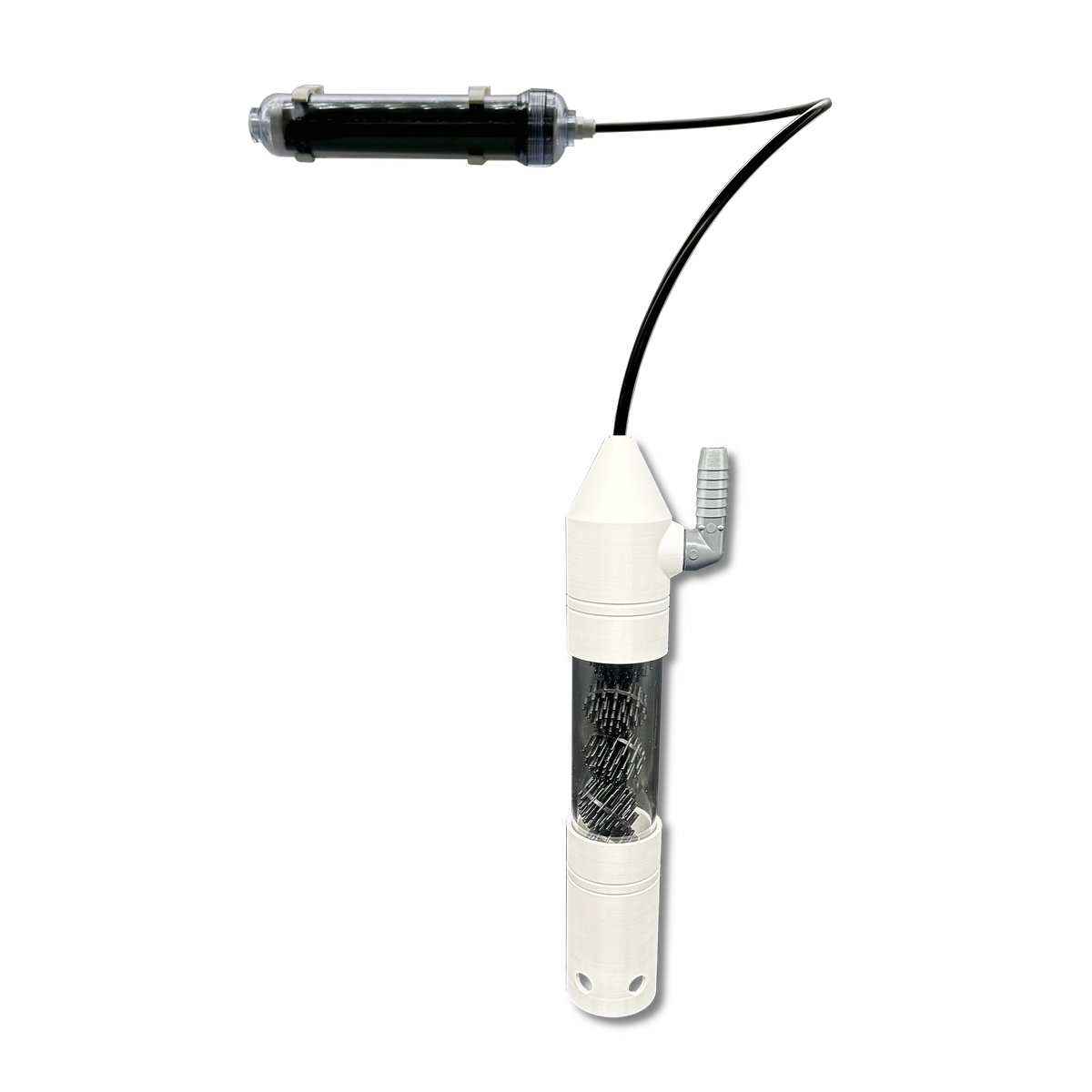 White electronic device with a black cable on a white background