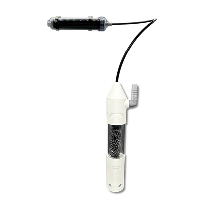 White electronic device with a black cable on a white background