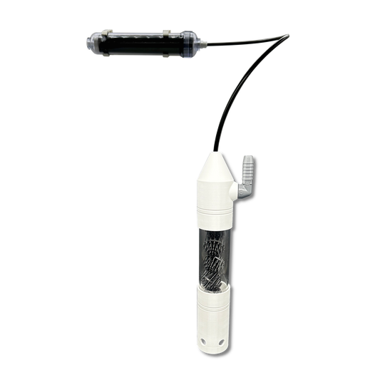White electronic device with a black cable on a white background
