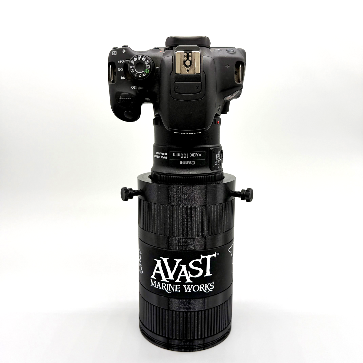 Avast Marine Porthole Studio for DSLR. 3D-printed underwater coral and fish photography gear. Black camera lens with accessories on a white background. 