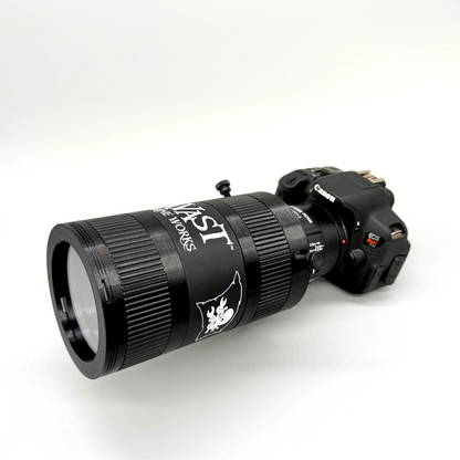 Avast Marine Porthole Studio for DSLR. 3D-printed underwater coral and fish photography gear. Black camera lens with accessories on a white background. 