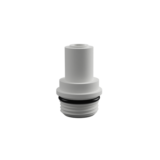 White plastic fitting with black rubber gasket on a white background. Sicce 1/4" Adapter Sicce_adapter Hero Image