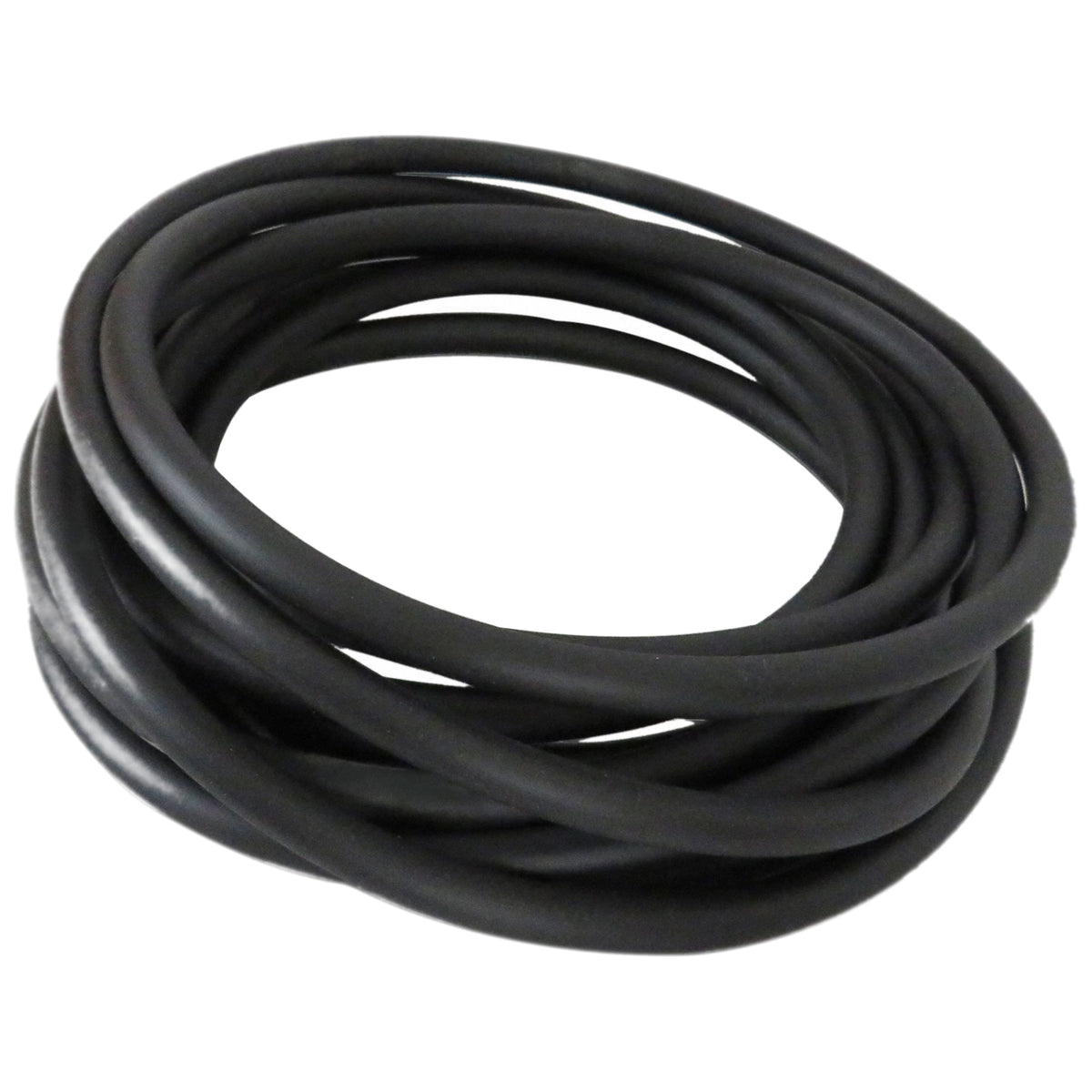 Coiled black rubber hose on a white background. Avast Marine ozone tubing. 